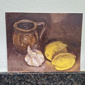 Lemon And Garlic Still Life Painting In Oil Signed